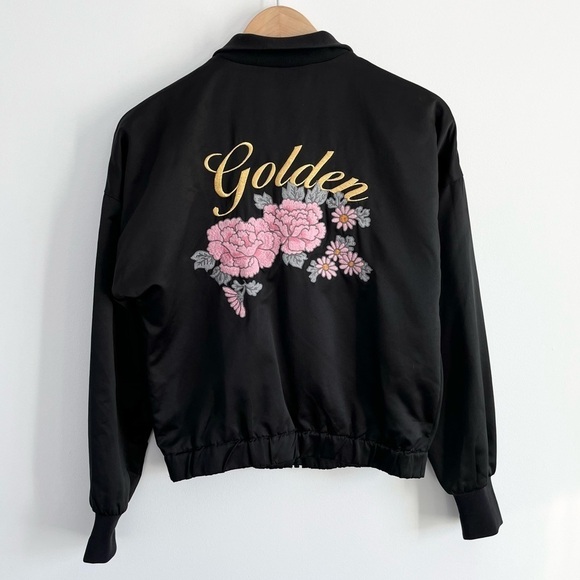 Aritzia Golden By TNA Satin Embroidered Floral Shaul Bomber Jacket - Picture 13 of 14